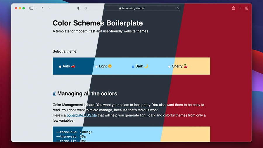 A screenshot of this website. The Screenshot is split in three parts by slanted lines. Each part displays a 
					different theme: light, dark, cherry in this order.